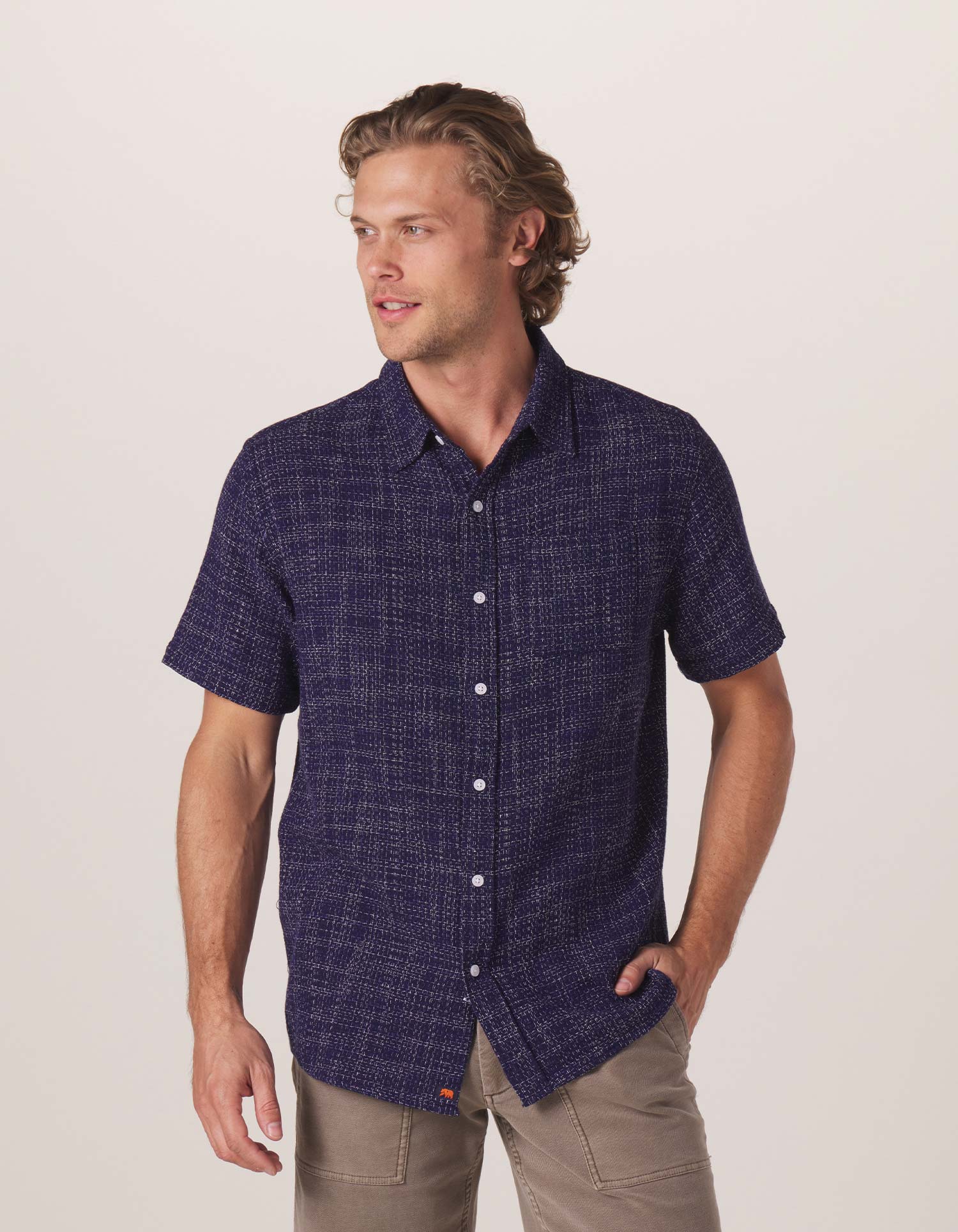 Wholesale,The Normal Brand, The Normal Brand Navy Woven Freshwater Short Sleeve Button Up Shirt, Blue, Small-41-TagS