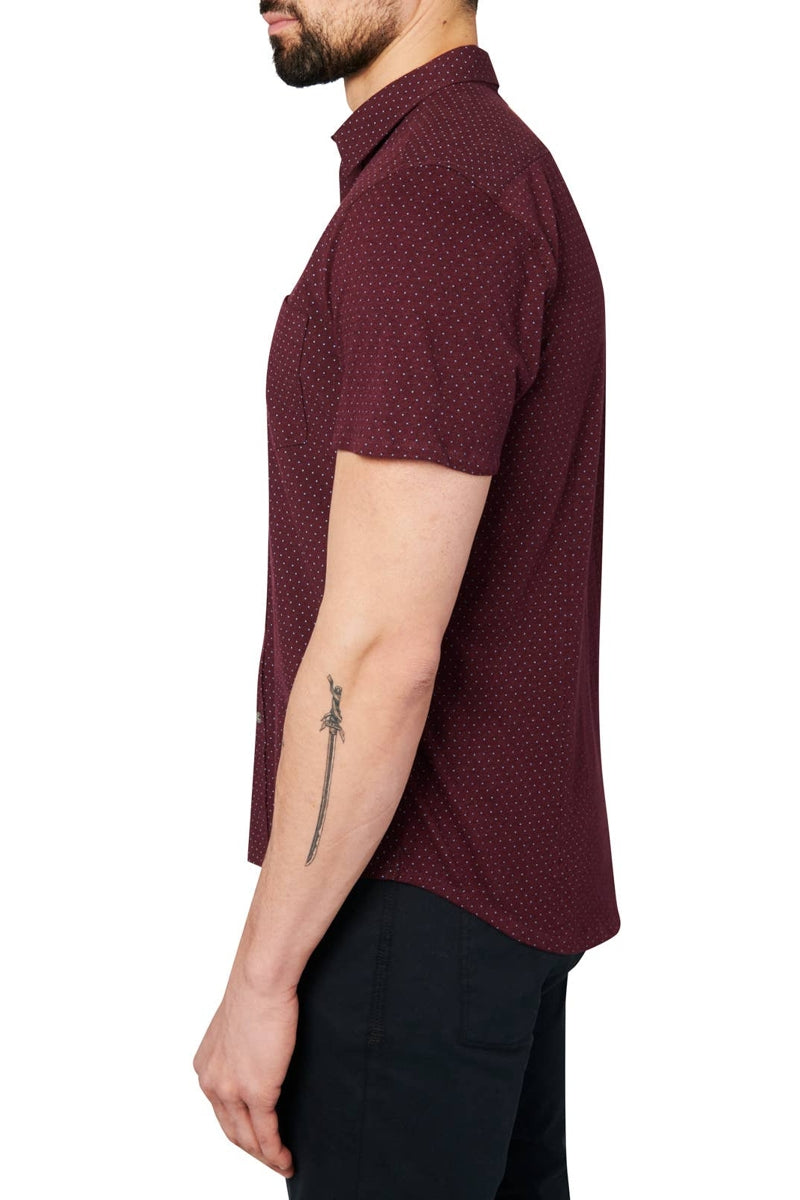 Faire,W.R.K, W.R.K Reworked Burgundy Dot Print Short Sleeve Shirt, Red, Extra Large-48-TagXXL