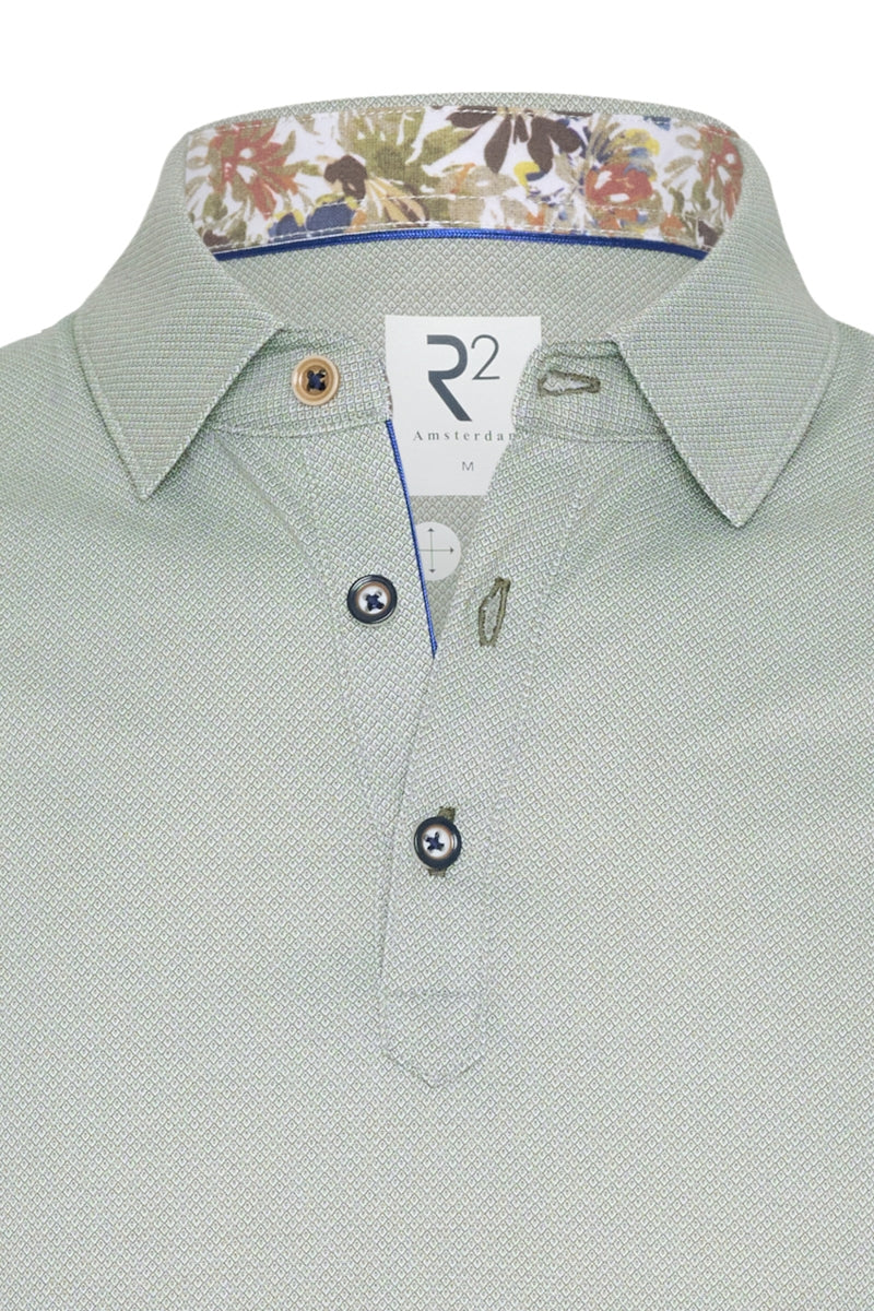 Direct From Brand,R2 Amsterdam, R2 Amsterdam Green Geo Knitted Short Sleeve Polo, Green, Large-45-TagXL