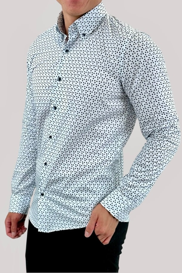 Wholesale,Jakamen, Jakamen White Polka Dot Print Long Sleeve Button Up Shirt, White, Large-44-TagXL
