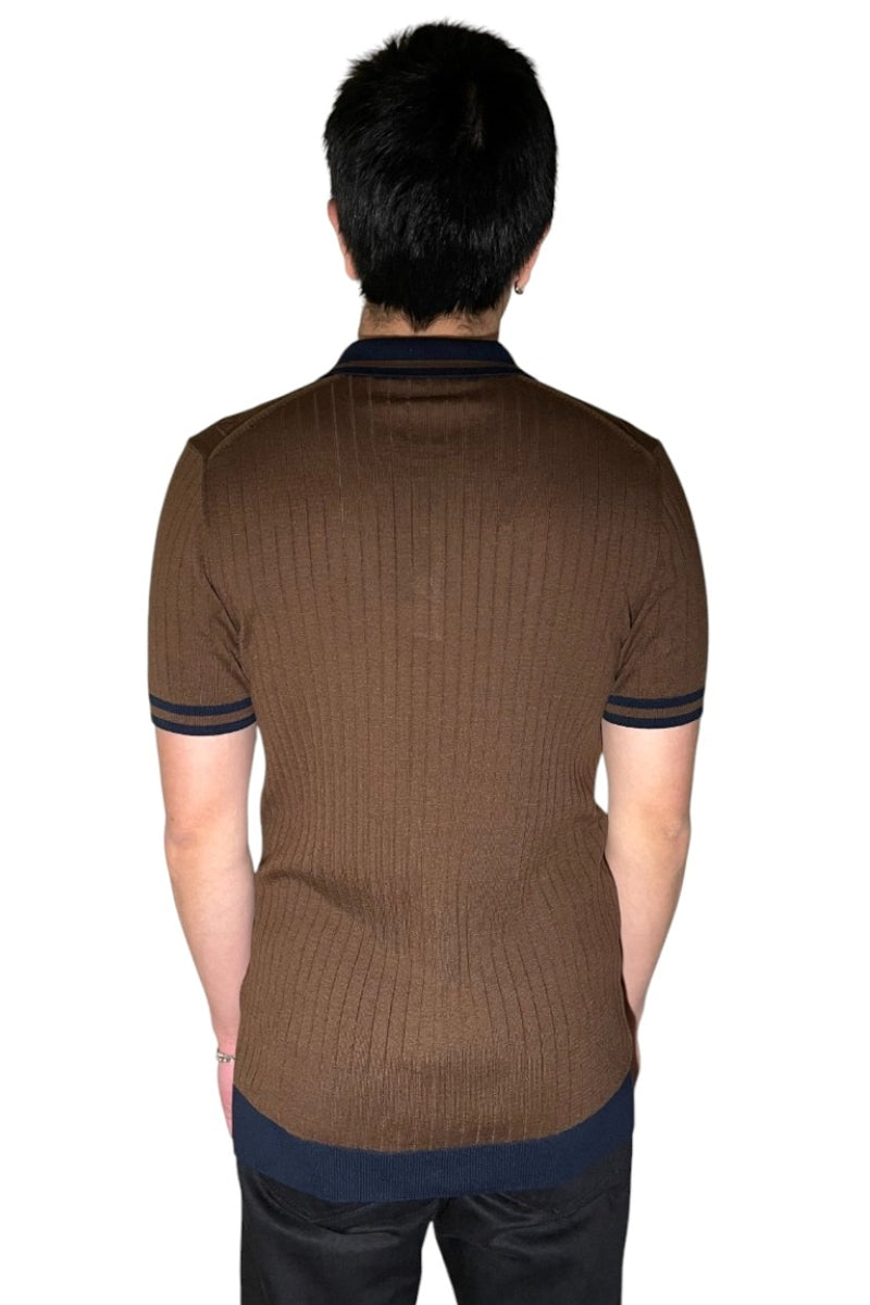 Wholesale,Mizumi, Mizumi Brown with Navy Contrast Cable Knit Polo, Brown, Small-40-TagSMedium-42-TagMLarge-44-TagLExtra Large-46-TagXLExtra Large-47-TagXXL