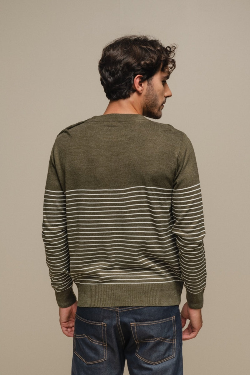 Faire,SMF, SMF Olive Striped Knit Sweater with Shoulder Button Detail, Green, Small-40-TagMMedium-42-TagLLarge-44-TagXLExtra Large-46-TagXXL