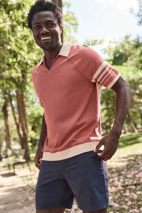 Wholesale,Marine Layer, Marine Layer Brick with Tan Contrast Varsity Rib Polo, Red, Large-45-TagL