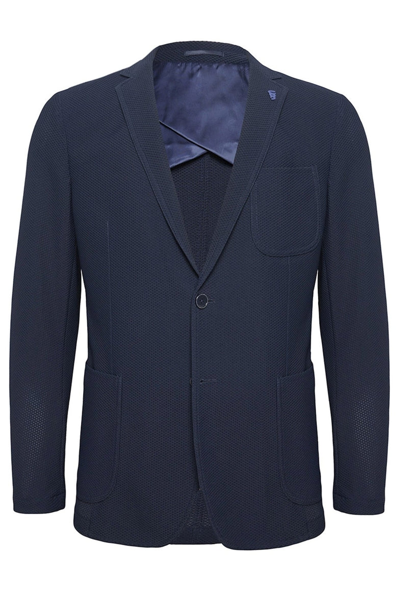 Direct From Brand,R2 Amsterdam, R2 Amsterdam Navy Textured Stretch Travel Blazer, Blue, Large-42-Tag52