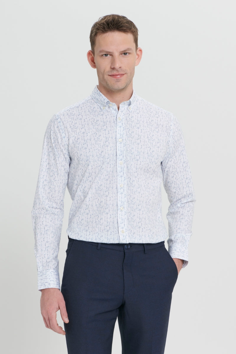 Wholesale,Altinyildiz Classics, Altinyildiz Classics White/Navy Printed Dobby Slim Fit Shirt, White, Extra Large-47-TagXL