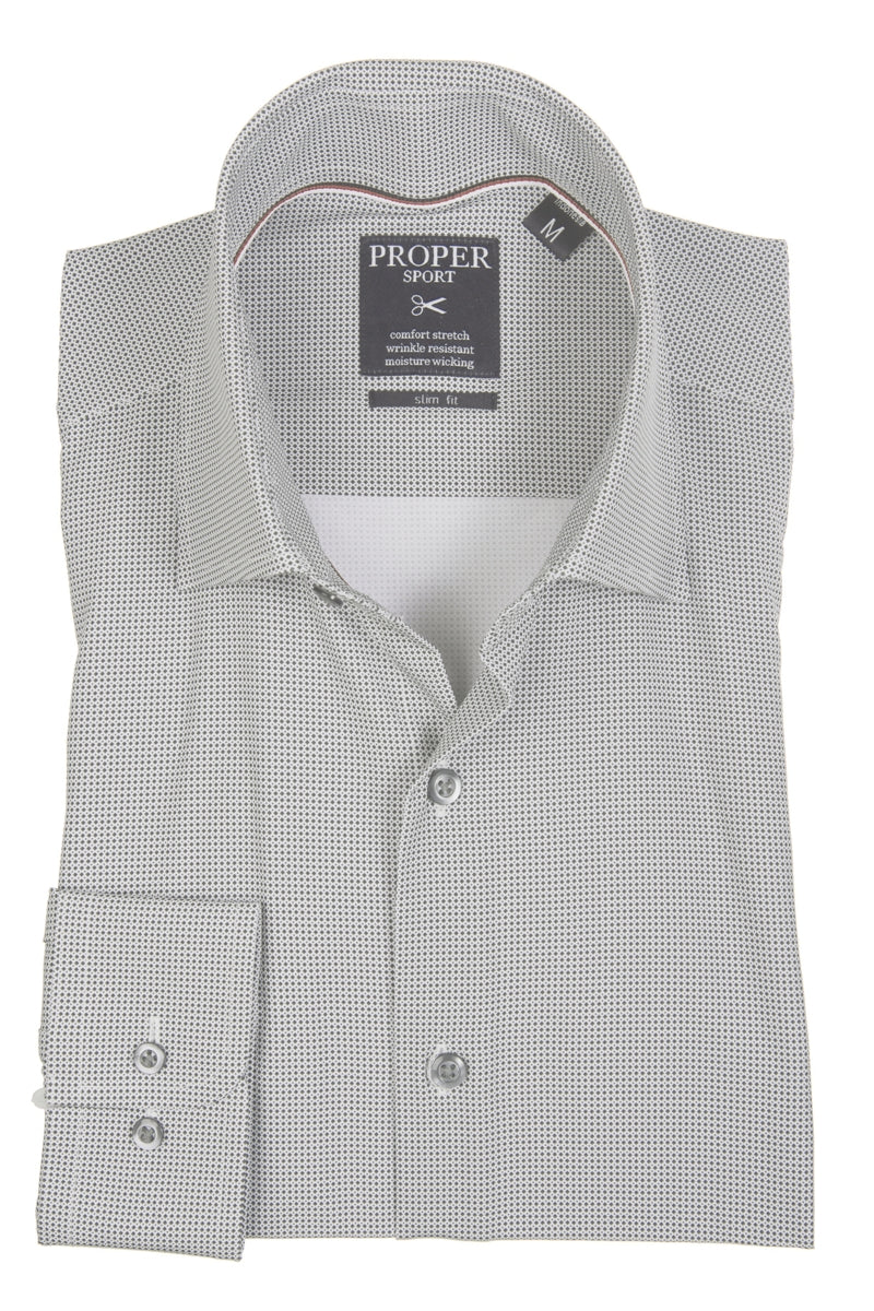 Wholesale,Proper Sport, Proper Sport Light Grey Geo Print Four-way Stretch Slim Fit Dress Shirt, Grey, Small-38-TagSLarge-45-TagLExtra Large-49-TagXLMedium-41-TagMExtra Extra Large-53-TagXXL