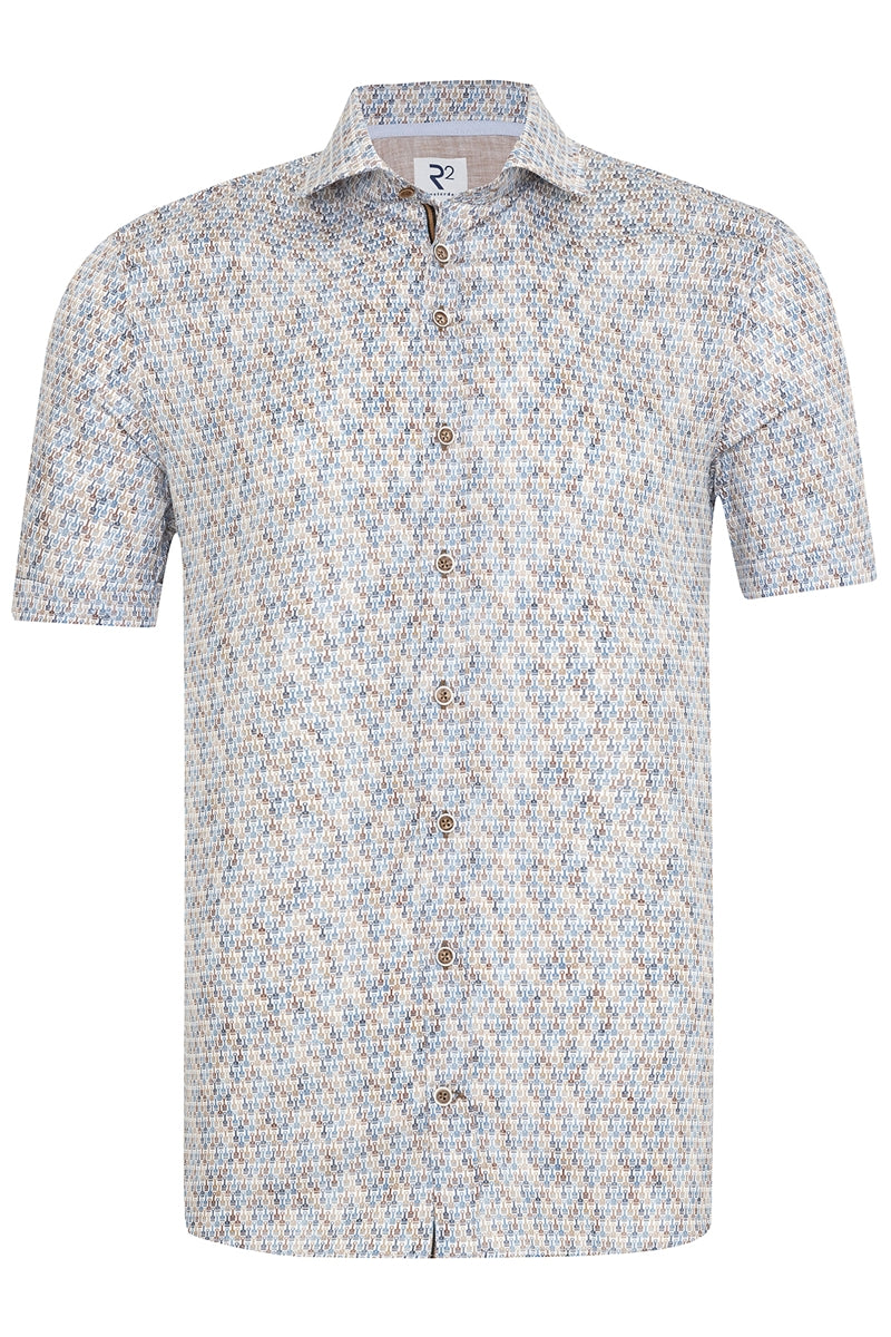 Direct From Brand,R2 Amsterdam, R2 Amsterdam Blue Multi Car Cylinder Print Poplin Shirt, Blue, Extra Large-48-Tag43