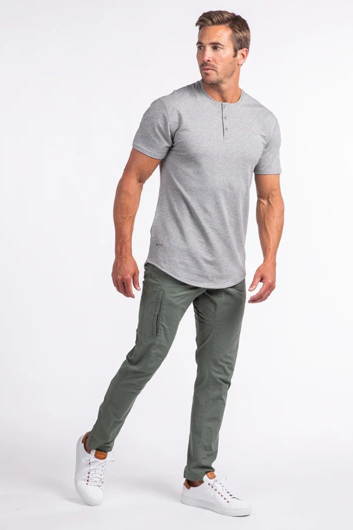 Wholesale,Rhone, BYLT Heather Grey Drop-Cut Lux 4-way Stretch Henley, Grey, Small-40-TagSMedium-42-TagMLarge-44-TagLExtra Large-46-TagXLExtra Extra Large-50-TagXXL