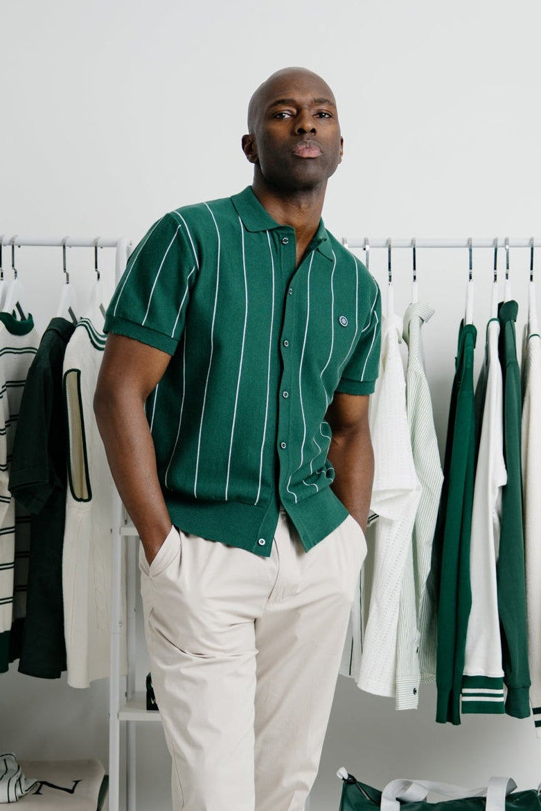 Wholesale,Champlain, Champlain Green Vertical Stripe Knit Button Down Polo Shirt, Green, Extra Large-46-TagXL