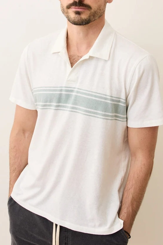 Wholesale,Marine Layer, Marine Layer White/Green Mist Stripe Hemp Blend Polo, White, Small-40-TagSMedium-43-TagMLarge-46-TagLExtra Large-48-TagXLExtra Extra Large-50-TagXXL