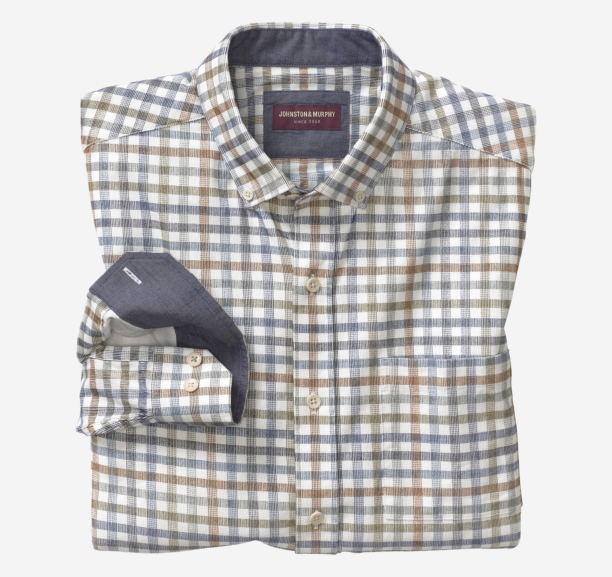 Wholesale,Johnston & Murphy, Johnston & Murphy Ivory Multi Plaid Corduroy Shirt, Cream, Large-45-TagM
