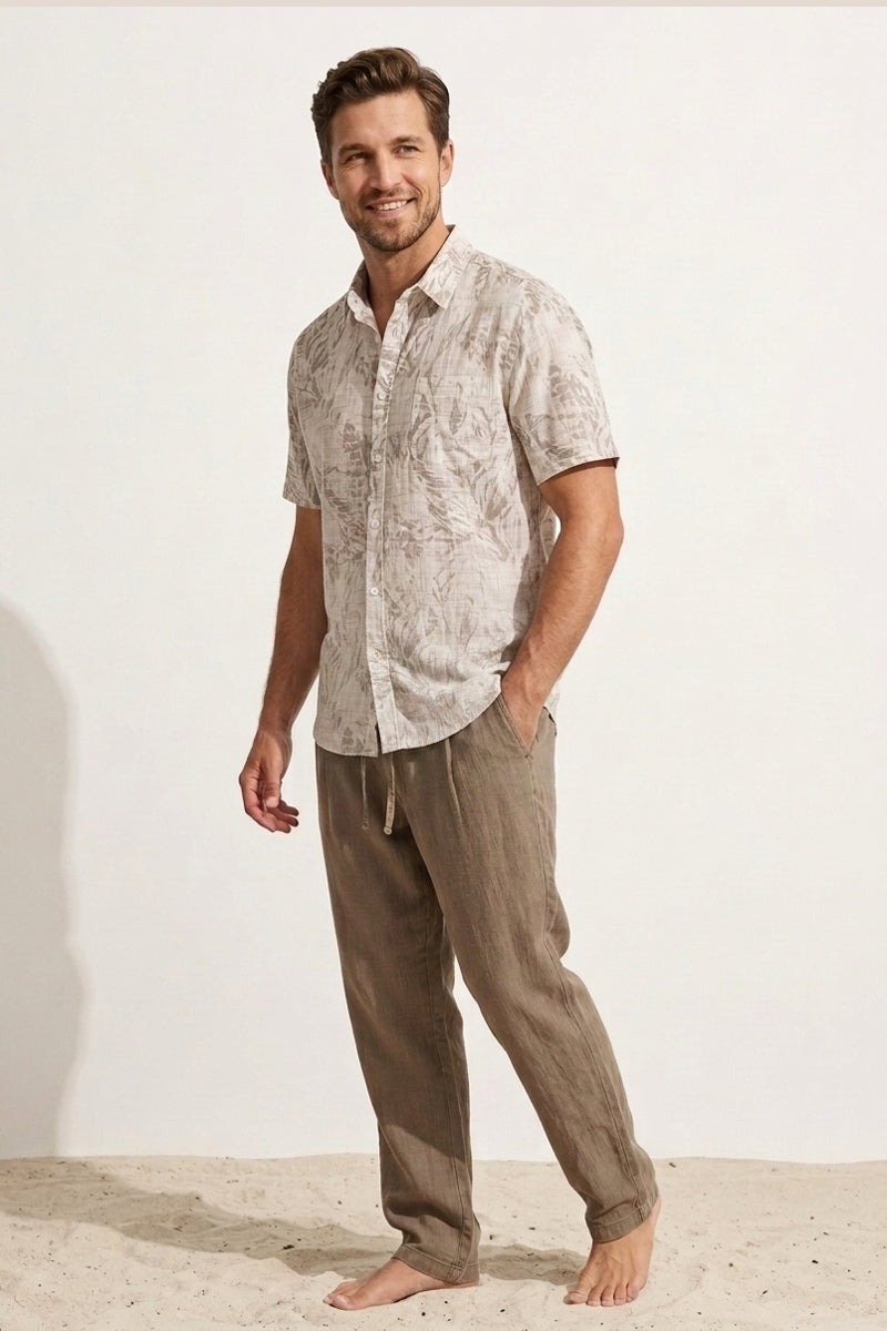 Wholesale,Original Paperbacks, Original Paperbacks Tan And Cream Abstract Floral Print Button Up Short Sleeve Shirt, Tan, Medium-42-TagM