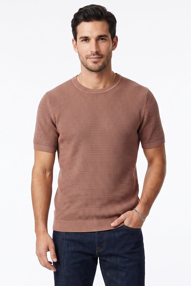Wholesale,HEDGE, HEDGE Rosewood Knit Textured Tee, Brown, Extra Extra Large-50-TagXXL