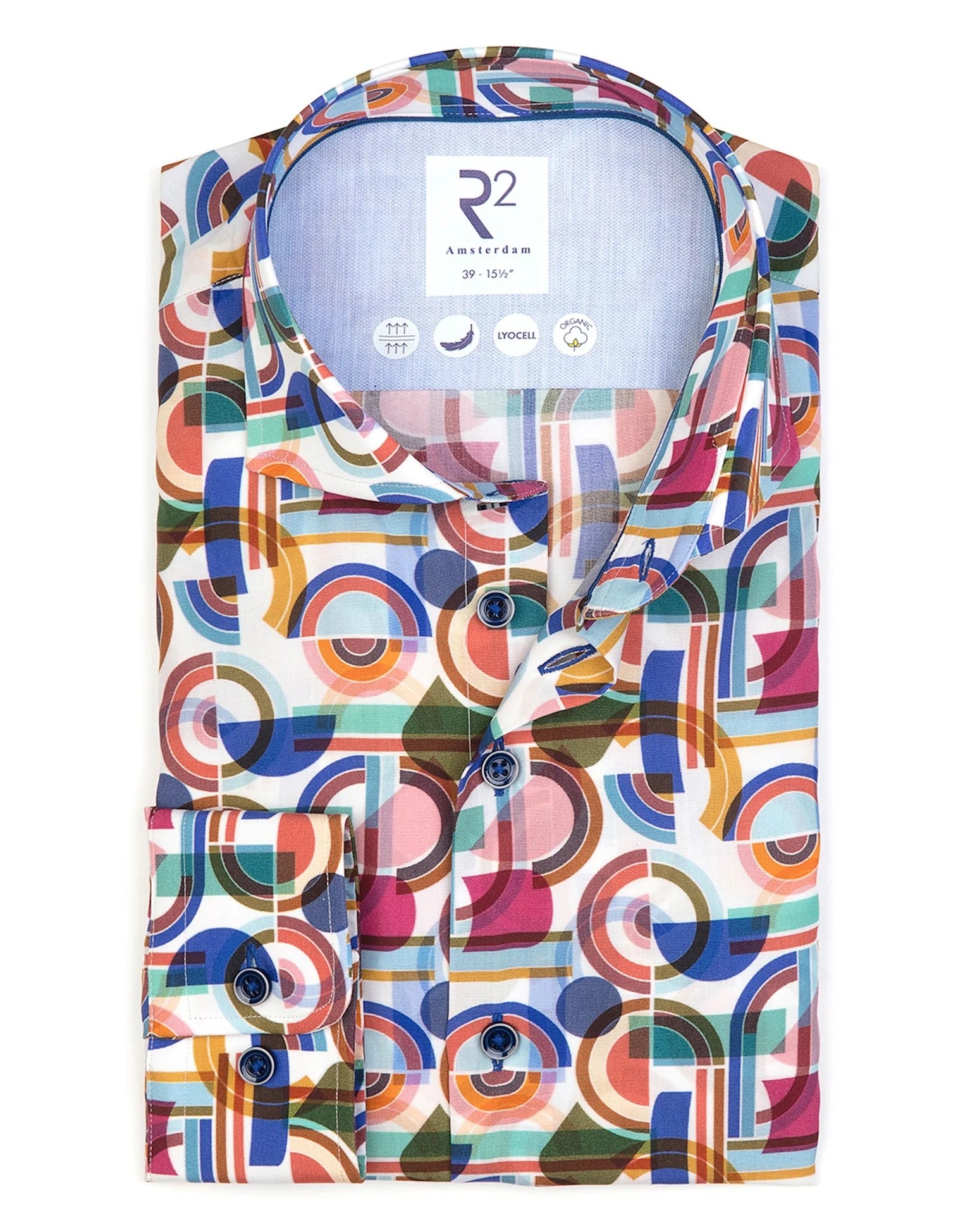 Brand Partner,R2 Amsterdam, R2 Amsterdam Multicolor Abstract Print Tencel Long Sleeve Button Up Shirt, White, Medium-44-Tag41