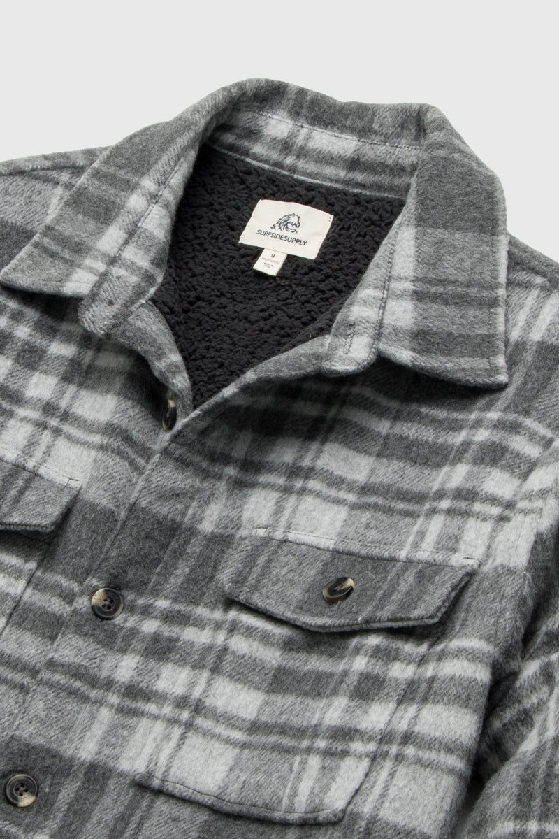 Wholesale,Surfside Supply, Surfside Supply Grey Combo Plaid Sherpa Lined Shacket, Grey, Medium-46-TagMLarge-48-TagLExtra Large-50-TagXL