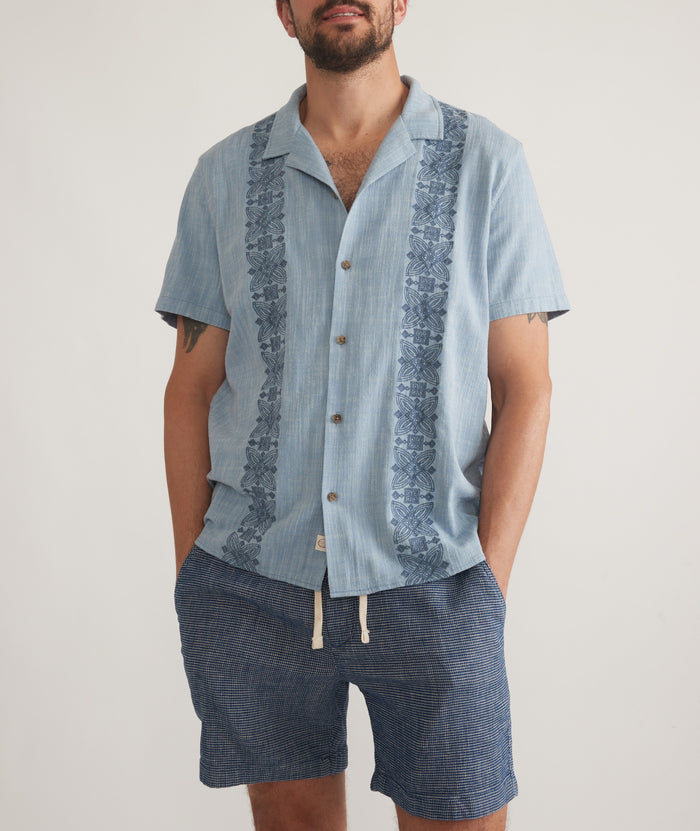 Marine Layer Mid Blue Stretch Selvage Embroidered Resort Shirt