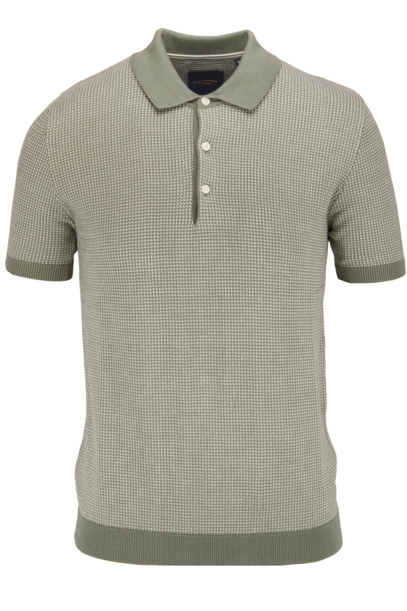 Faire,Guide London, Guide London Green/Stone 2 Tone Jacquard Knit Short Sleeve Polo, Green, Medium-40-TagM