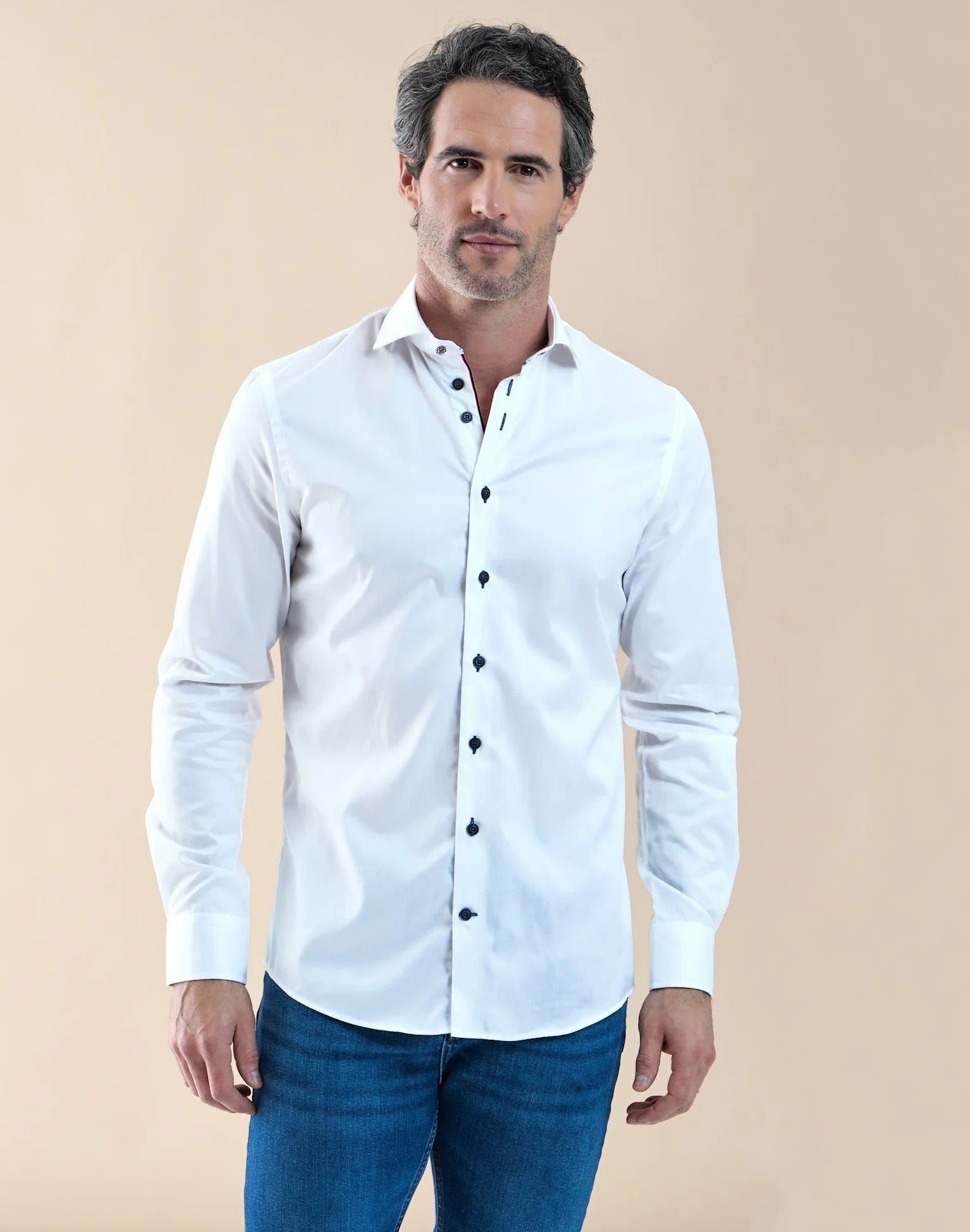 Brand Partner,R2 Amsterdam, R2 Amsterdam White 2 PLY Organic Long Sleeve Button Up Shirt with Cup Print Contrast, White, Medium-43-Tag41Small-42-Tag40Medium-45-Tag42