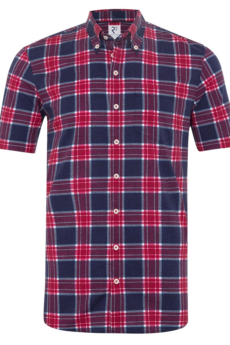 Direct From Brand,R2 Amsterdam, R2 Amsterdam Fuchsia/Purple Plaid Stretch Short Sleeve Button Up Shirt, Pink, Medium-42-Tag40Large-46-Tag42Extra Large-48-Tag43Large-44-Tag41