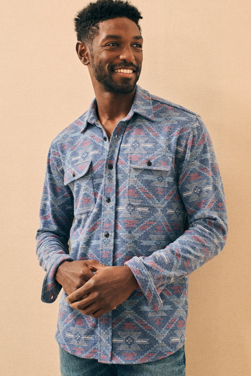 Faherty Blue Tribal Print Four-way Stretch Sweater Shirt