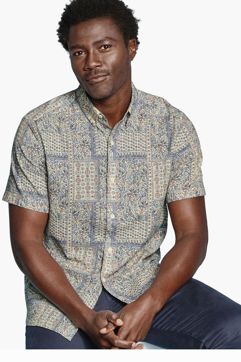 Wholesale,Johnston & Murphy, Johnston & Murphy Blue/Tan Multi Patchwork Bandana Printed Shirt, Blue, Large-48-TagL