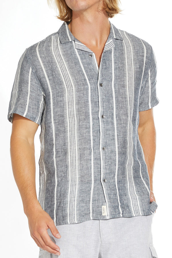 Civil Society Navy Yarn Dyed Linen Striped Short Sleeve Shirt