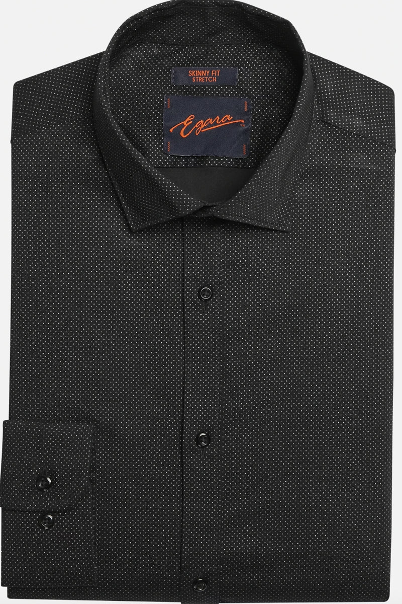 Egara Black Micro Dot Pattern Slim Fit Stretch Long Sleeve Shirt