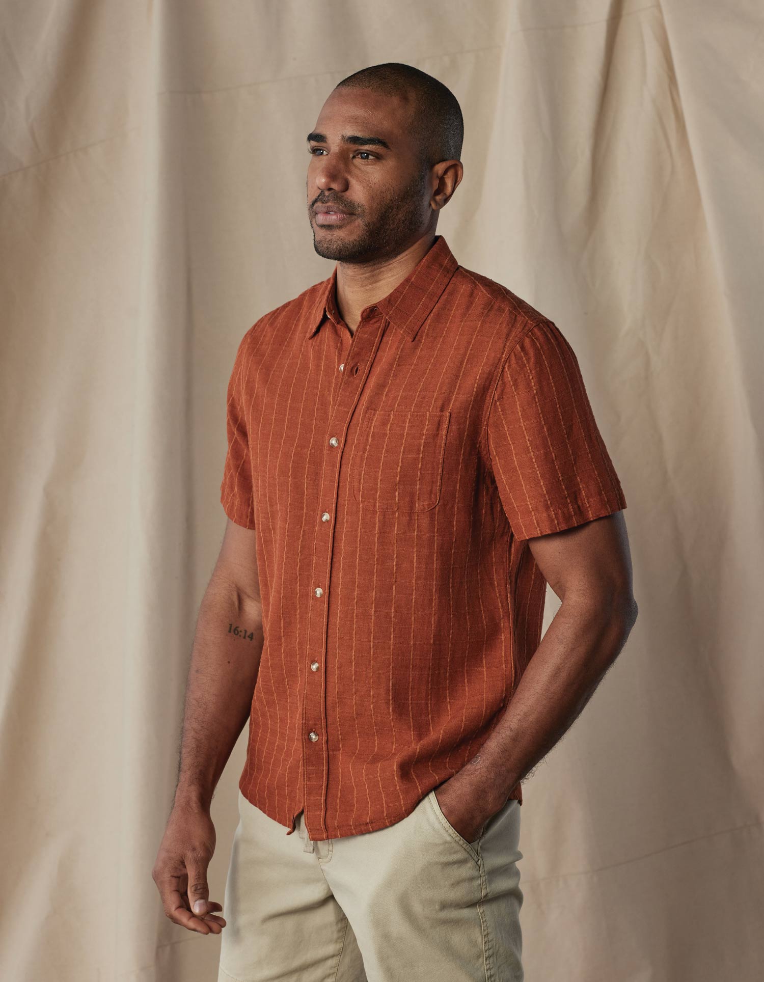 Wholesale,The Normal Brand, The Normal Brand Dark Ginger Stripe Freshwater Short Sleeve Button Up Shirt, Brown, Extra Extra Large-54-TagXXL