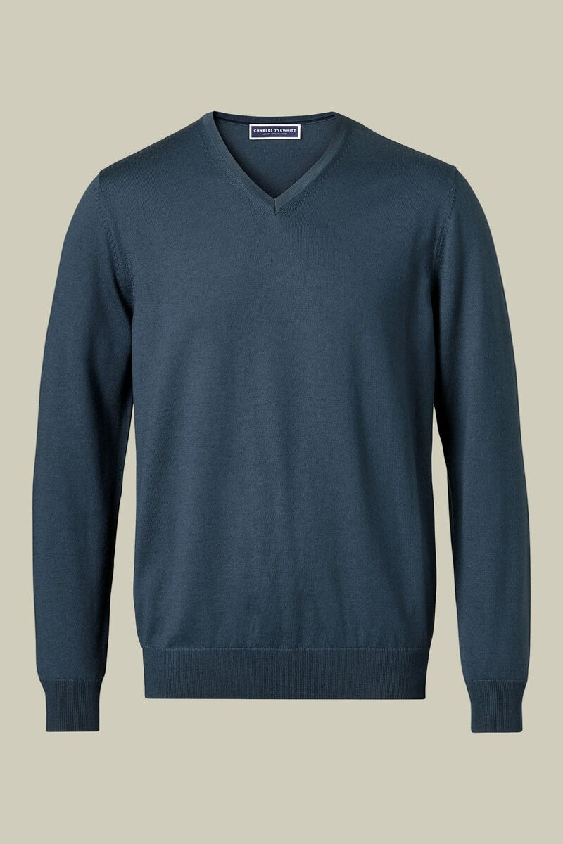Wholesale,Charles Tyrwhitt, Charles Tyrwhitt Petrol Blue Merino Wool V-Neck Sweater, Blue, Extra Large-48-TagXL