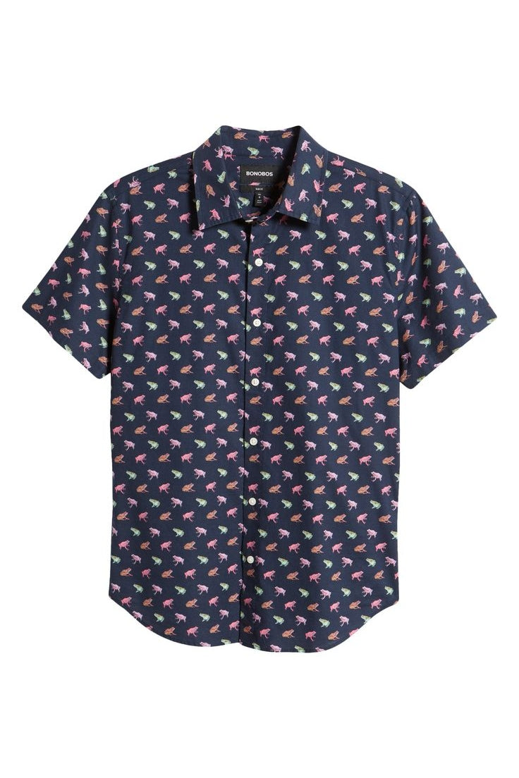 Wholesale,Bonobos, Bonobos Dark Blue Conversational Print Stretch Short Sleeve Shirt, Blue, Small-39-TagSMedium-42-TagMLarge-45-TagLExtra Large-48-TagXLExtra Extra Large-51-TagXXL