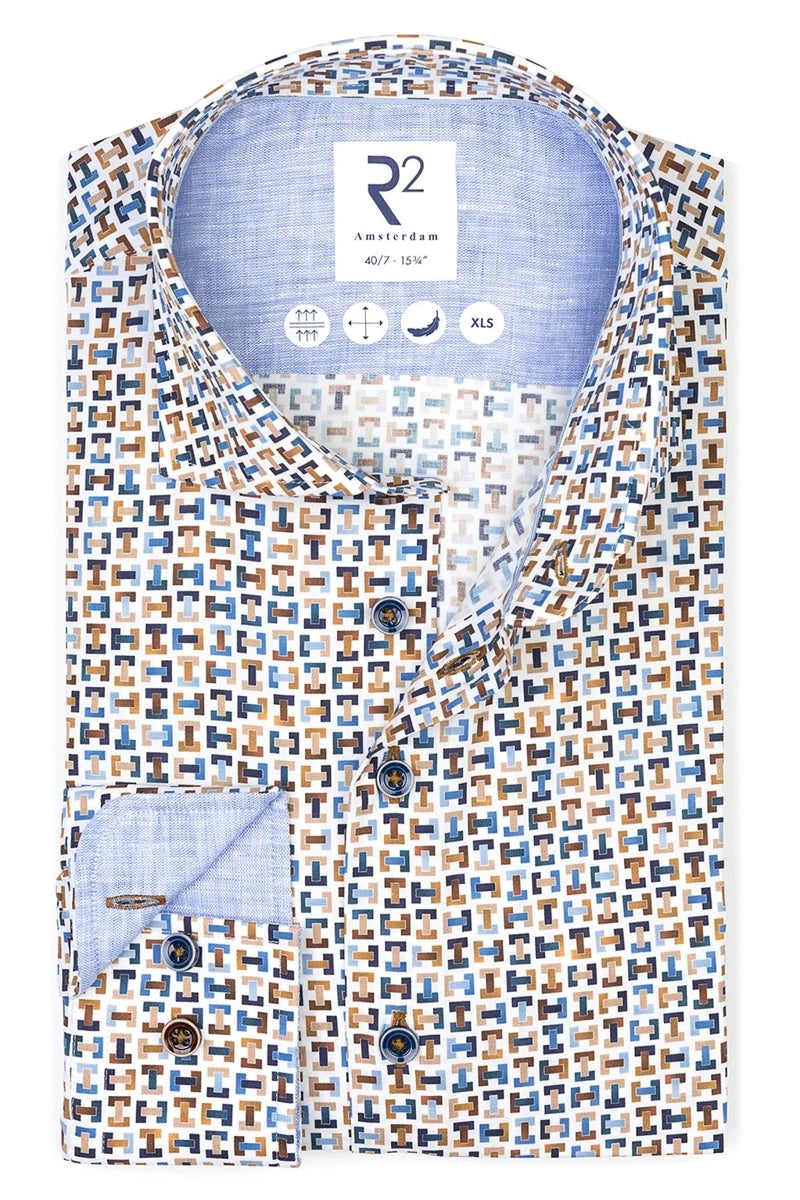 Direct From Brand,R2 Amsterdam, R2 Amsterdam Multi Bike Pedal Print Stretch Shirt, Blue, Small-40-Tag38Medium-42-Tag39Medium-43-Tag40Large-45-Tag41