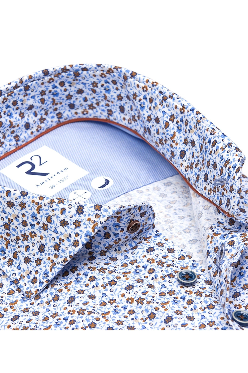Direct From Brand,R2 Amsterdam, R2 Amsterdam Blue Floral Print Dress Shirt, Blue, Extra Large-49-Tag44