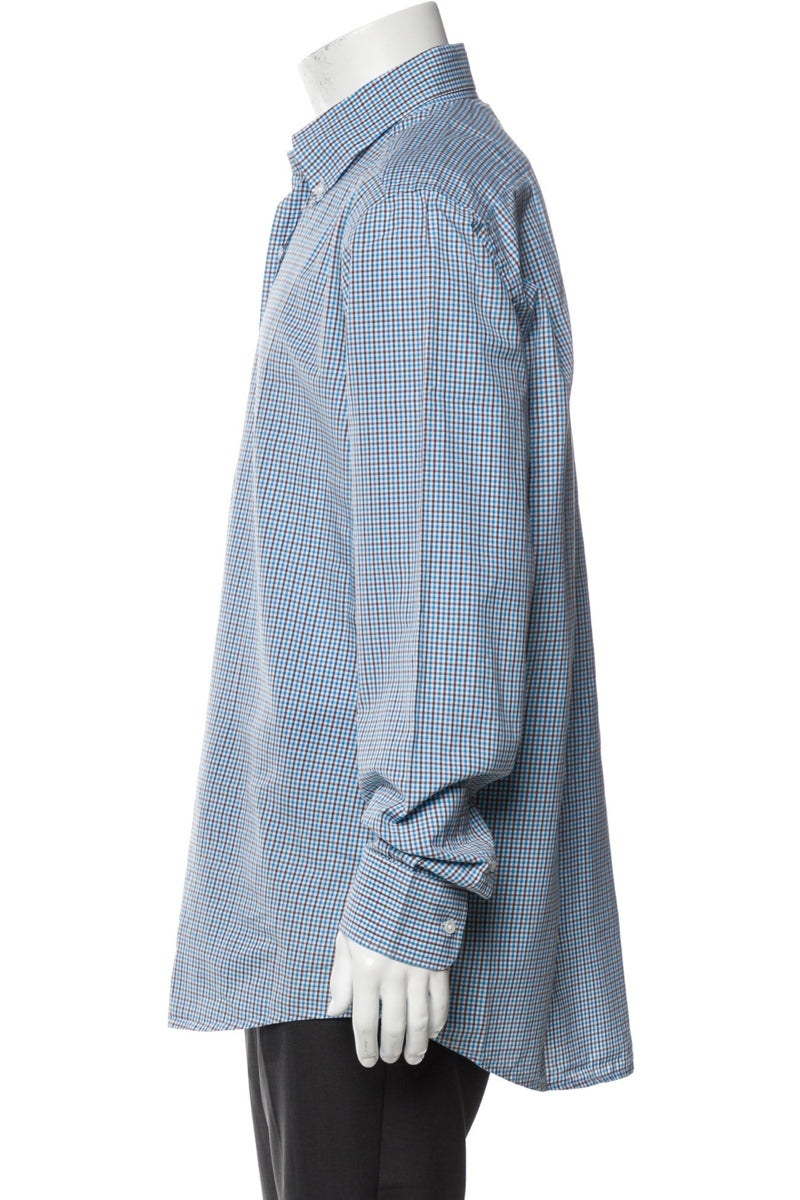 RealReal,Bergdorf Goodman, Bergdorf Goodman Blue/Brown Plaid Button-down Shirt, Blue, Large-46-TagL