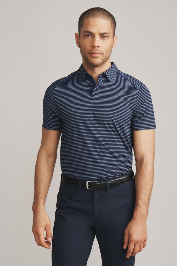 Rhone Blue/Silver/Light Blue Double Stripe Slim Performance Polo