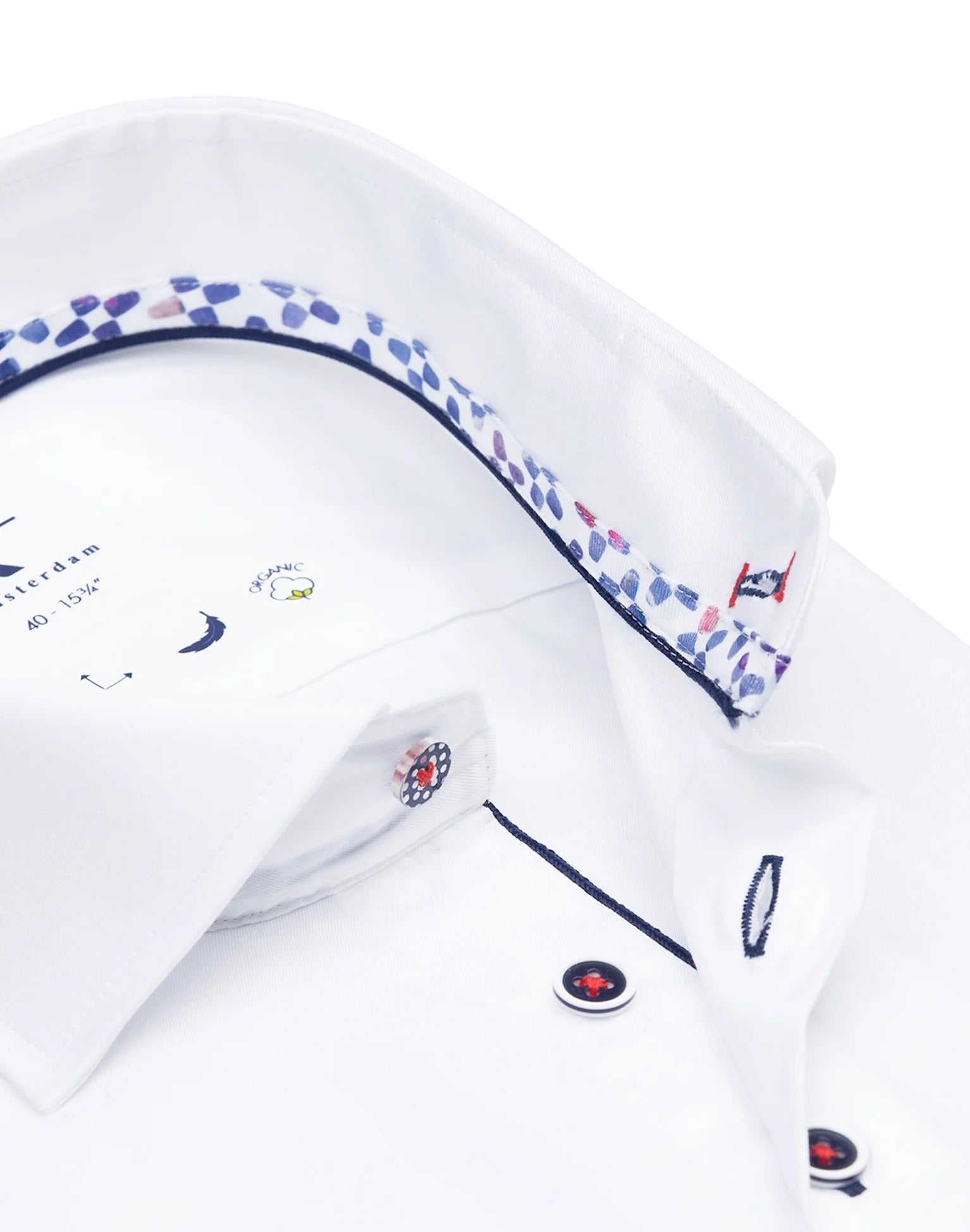 Brand Partner,R2 Amsterdam, R2 Amsterdam White 2 PLY Organic Long Sleeve Button Up Shirt with Cup Print Contrast, White, Medium-43-Tag41Small-42-Tag40Medium-45-Tag42