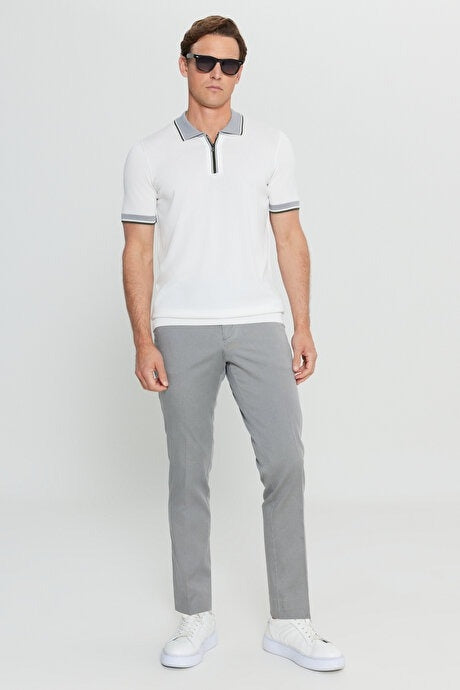 Altinyildiz Classics White with Grey Contrast Qtr Zip Textured Knit Polo