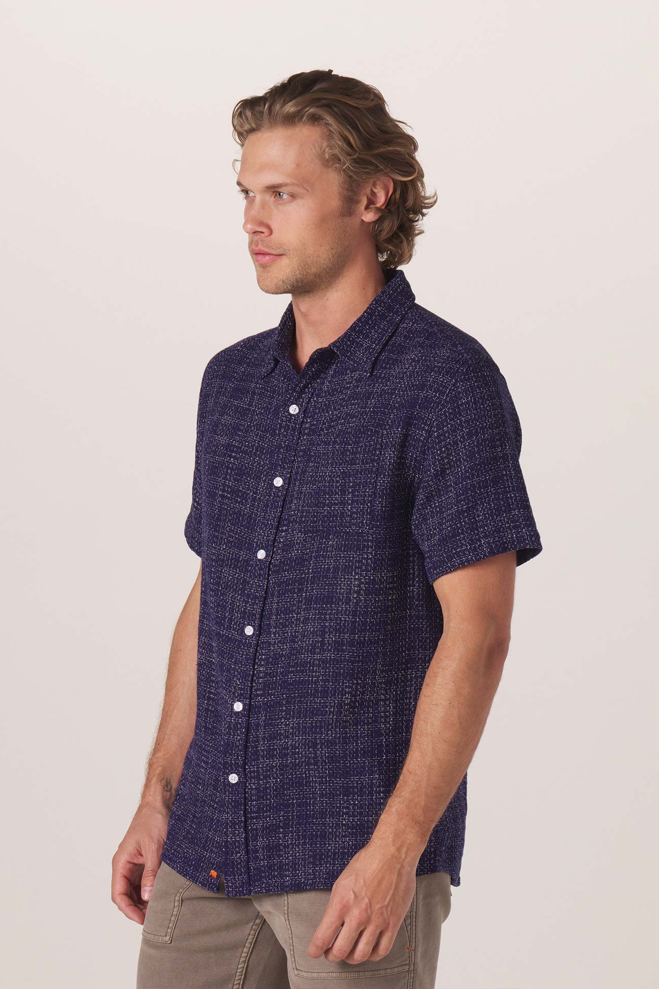 Wholesale,The Normal Brand, The Normal Brand Navy Woven Freshwater Short Sleeve Button Up Shirt, Blue, Medium-44-TagM