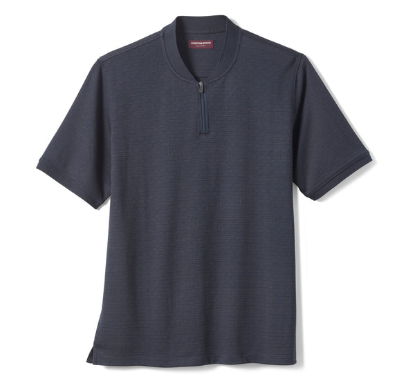 Johnston & Murphy Navy Jacquard Zip Short Sleeve Polo with Baseball-Style Ribbed Knit Collar