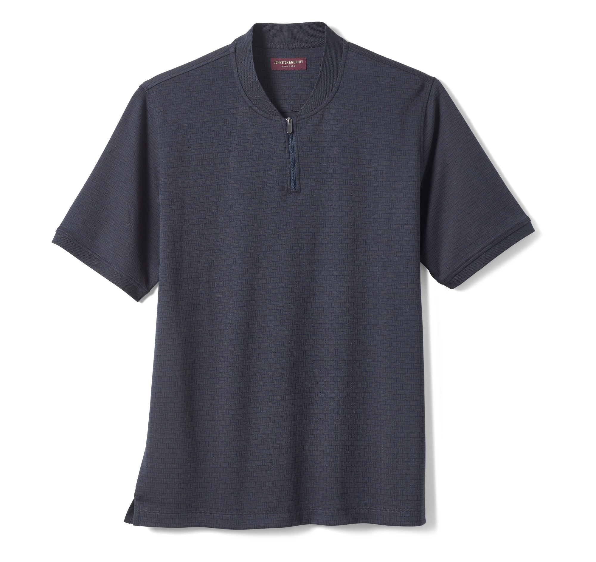Wholesale,Johnston & Murphy, Johnston & Murphy Navy Jacquard Zip Short Sleeve Polo with Baseball-Style Ribbed Knit Collar, Blue, Extra Large-46-TagL