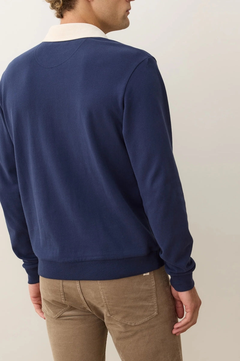 Wholesale,Marine Layer, Marine Layer Indigo with Cream Suede Rugby Polo, Blue, Small-42-TagSMedium-44-TagMLarge-47-TagLExtra Large-50-TagXL