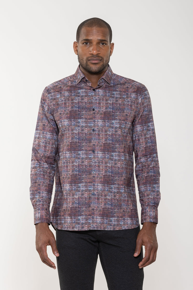 Wholesale,Luca Valentini, Luchiano Visconti Multicolor with Abstract Digital Design Long Sleeve Button Up, Brown, Medium-45-TagMLarge-49-TagLExtra Large-52-TagXLExtra Extra Large-55-TagXXLSmall-42-TagS