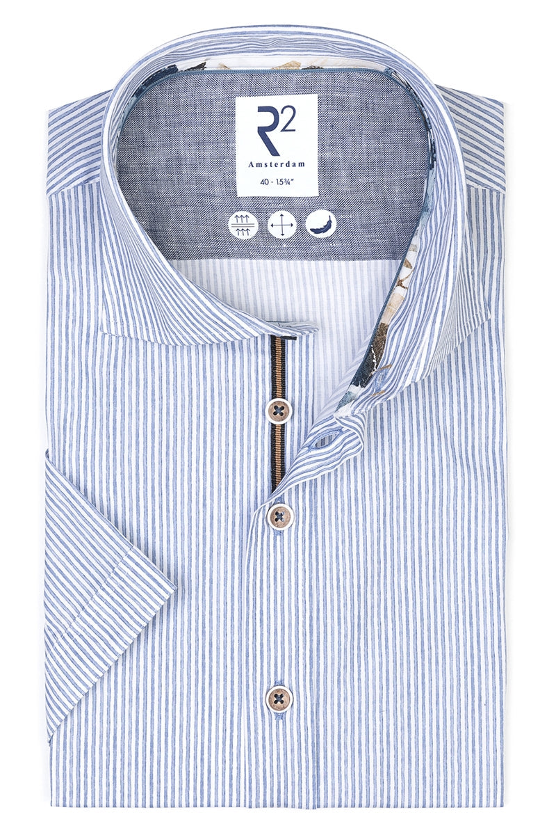 Direct From Brand,R2 Amsterdam, R2 Amsterdam Blue/White Stripped Stretch Short Sleeve Button Up Shirt, Blue, Medium-42-Tag40