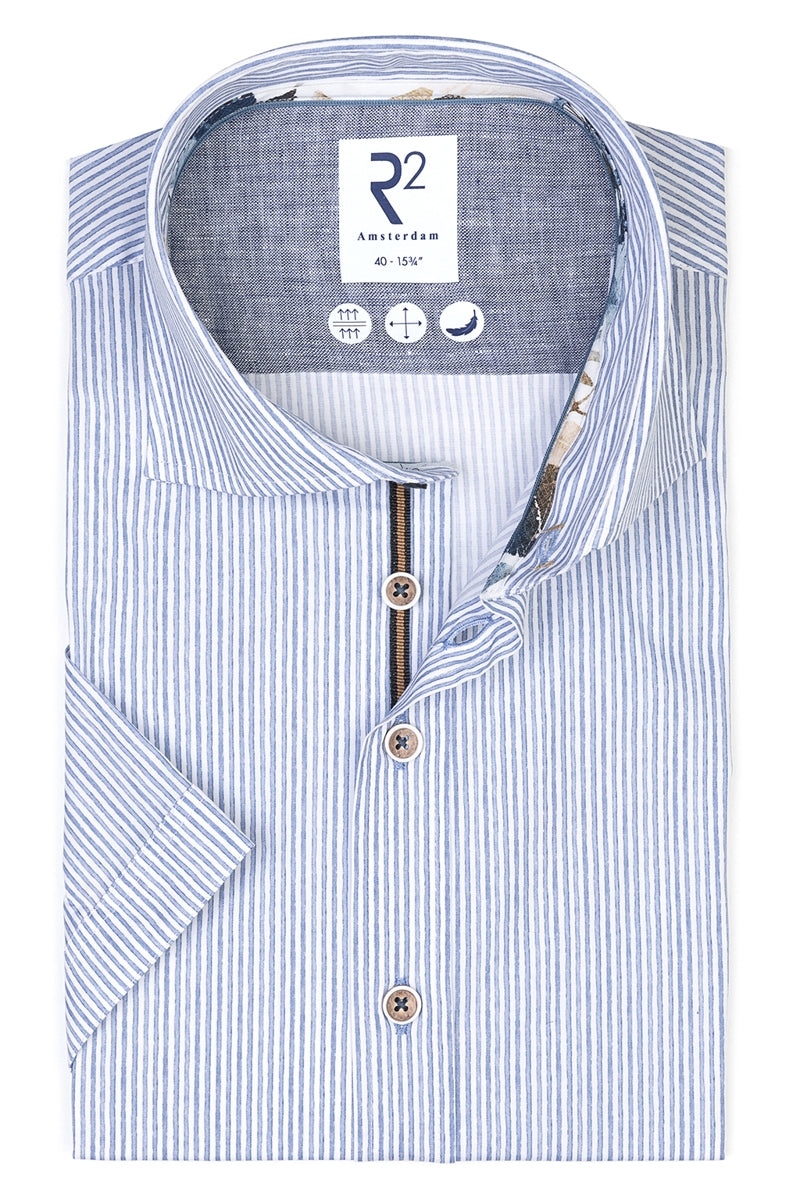 Direct From Brand,R2 Amsterdam, R2 Amsterdam Blue/White Stripped Stretch Short Sleeve Button Up Shirt, Blue, Medium-42-Tag40