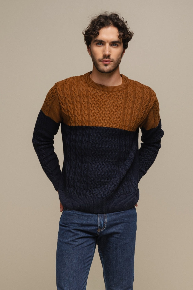 Faire,SMF, SMF Brown/Navy Colorblock Jacquard Knit Sweater, Brown, Extra Large-46-TagXL