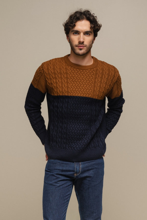 SMF Brown/Navy Colorblock Jacquard Knit Sweater