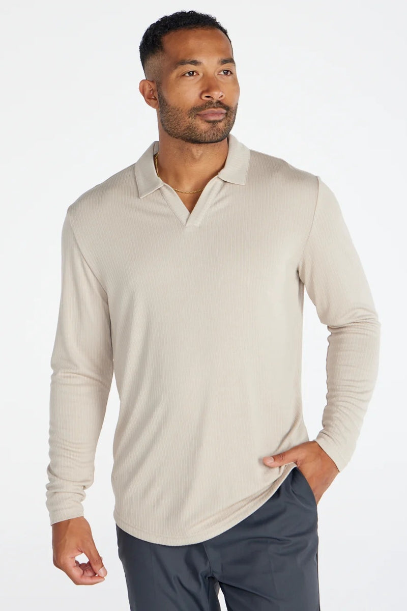 Wholesale,BYLT, BYLT Latte Ribbed Drop-cut Open V Long Sleeve Polo, Tan, Medium-42-TagM