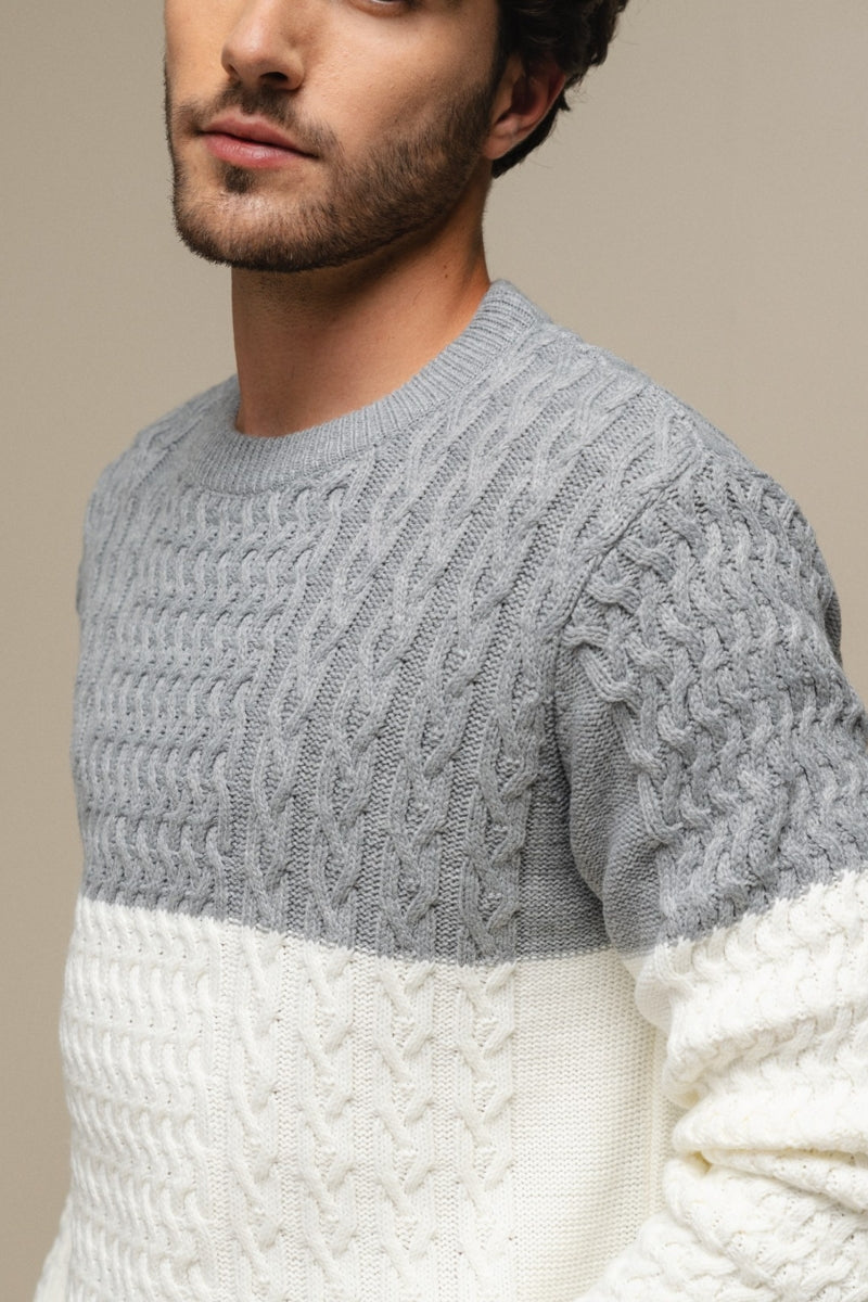 Faire,SMF, SMF Grey/White Colorblock Jacquard Knit Sweater, Grey, Medium-42-TagM