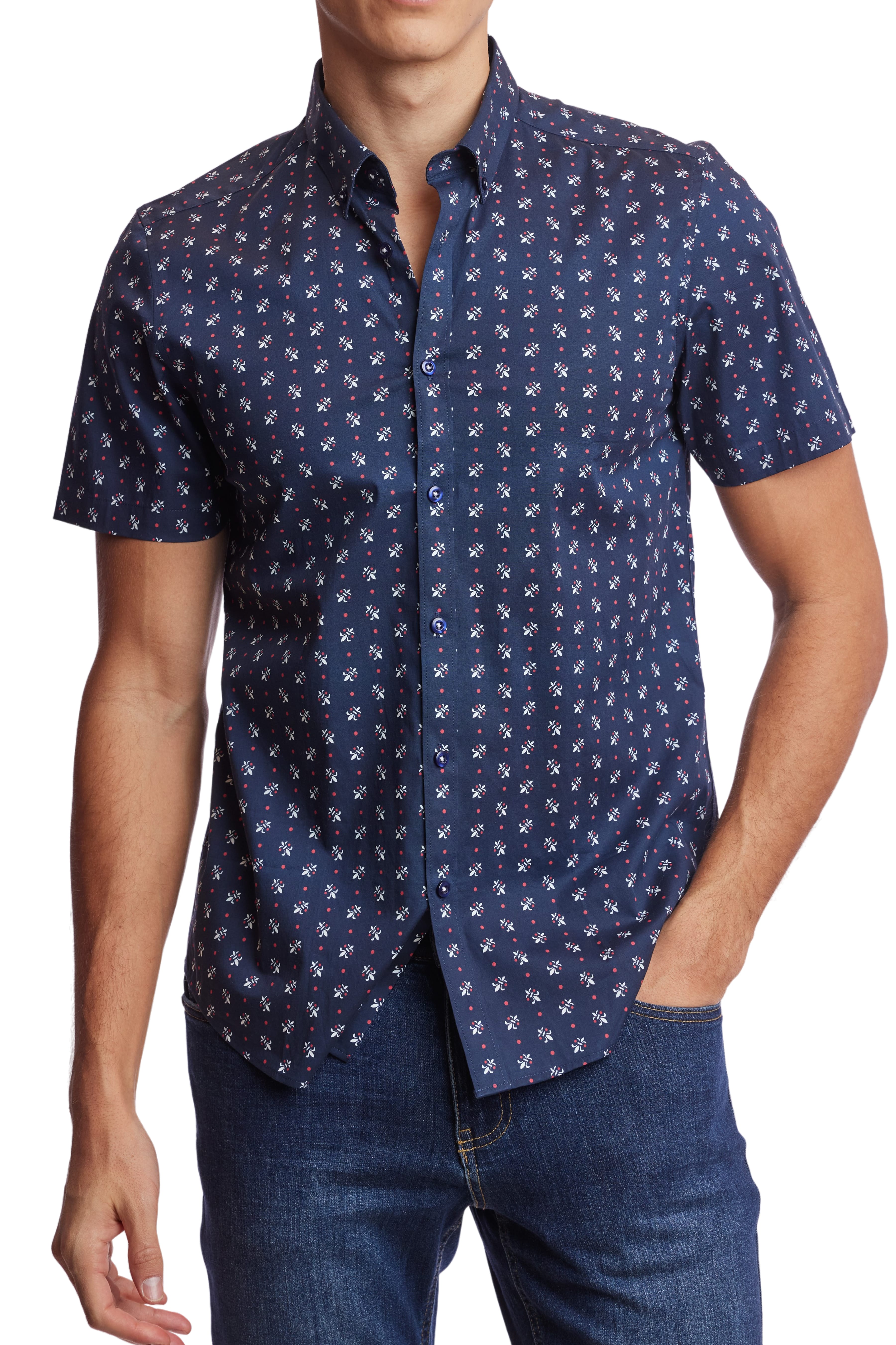 Wholesale,Paisley & Gray, Paisley & Gray Navy Fleur De Lis Print Short Sleeve Shirt, Blue, Small-38-TagSSmall-40-TagMLarge-46-TagXLExtra Large-49-TagXXLMedium-43-TagL