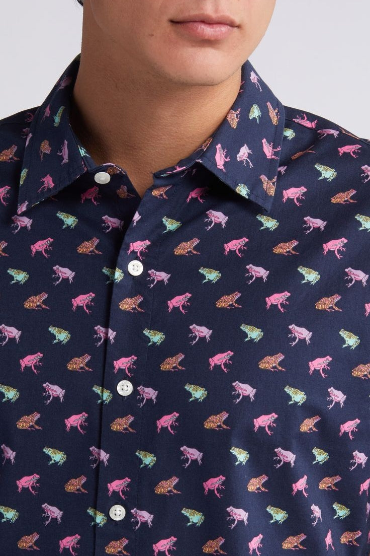 Wholesale,Bonobos, Bonobos Dark Blue Conversational Print Stretch Short Sleeve Shirt, Blue, Small-39-TagSMedium-42-TagMLarge-45-TagLExtra Large-48-TagXLExtra Extra Large-51-TagXXL