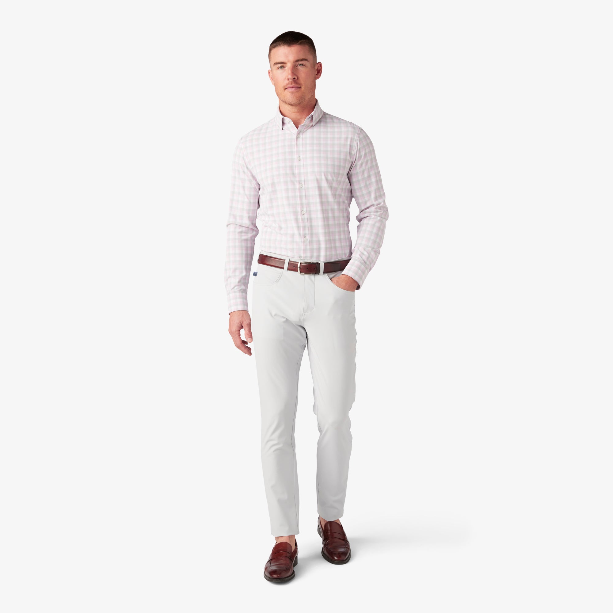 Wholesale,Mizzen + Main, Mizzen + Main Pink/Grey/White Triple Plaid Trim Fit Long Sleeve Dress Shirt, Pink, Small-41-TagS